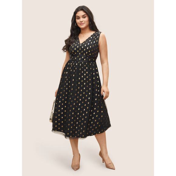 2X 18 20 Plus Size BloomChic Gold Glitter Polka Dot Pocket Midi Tank BLACK Dress - Picture 1 of 7